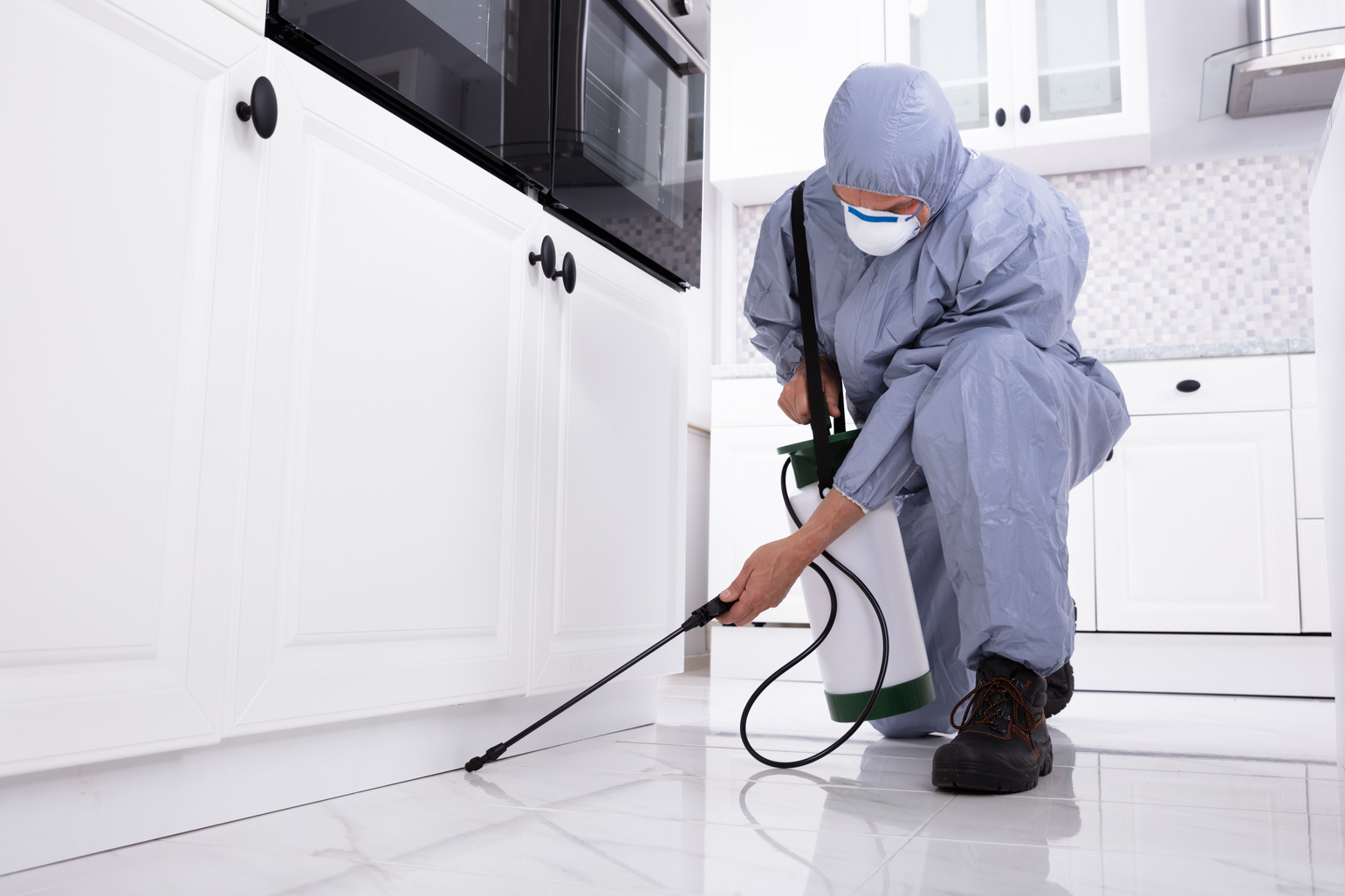 Pest Control Worker Spraying Pesticide On White Cabinet